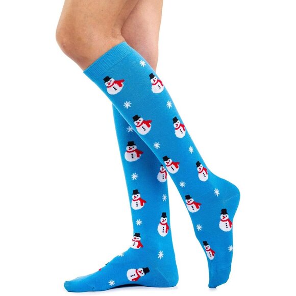 Women's Blue Fun And Festive Holiday Patterns Knee High And Crew Socks - Picture 2 of 2